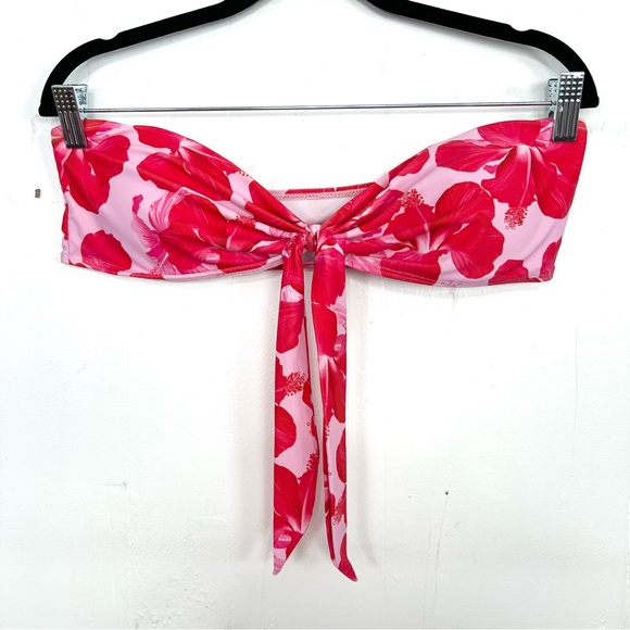 Other - Pink Red Tropical Floral Tie Front Bandeau Swim Bikini Top Strapless Large
